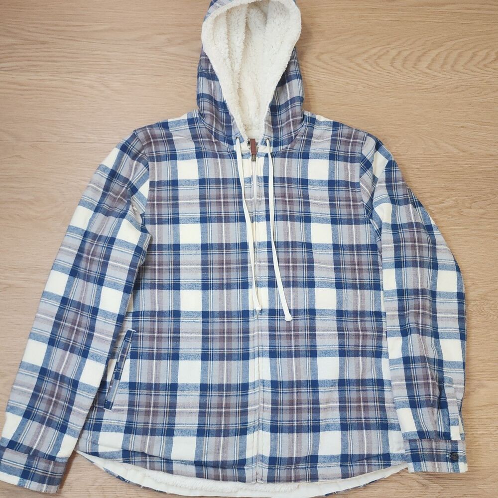 LL Bean Sherpa Lined Flannel Shirt Womens XL Blue Plaid Cozy Warm Jacket Hooded - Picture 10 of 12